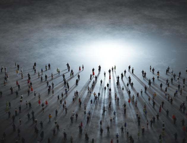 Crowd of diverse people walk to light. 3D illustration